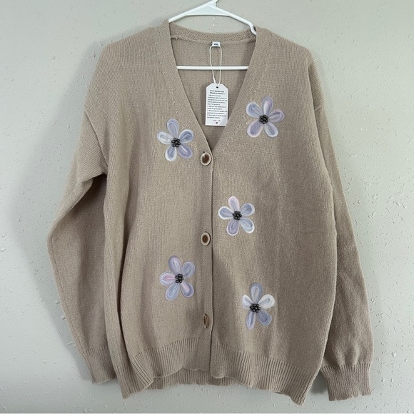 NWT Cream Purple Flower Floral Embroidery Casual Neutral Comfy Sweater Cardigan - Picture 1 of 6